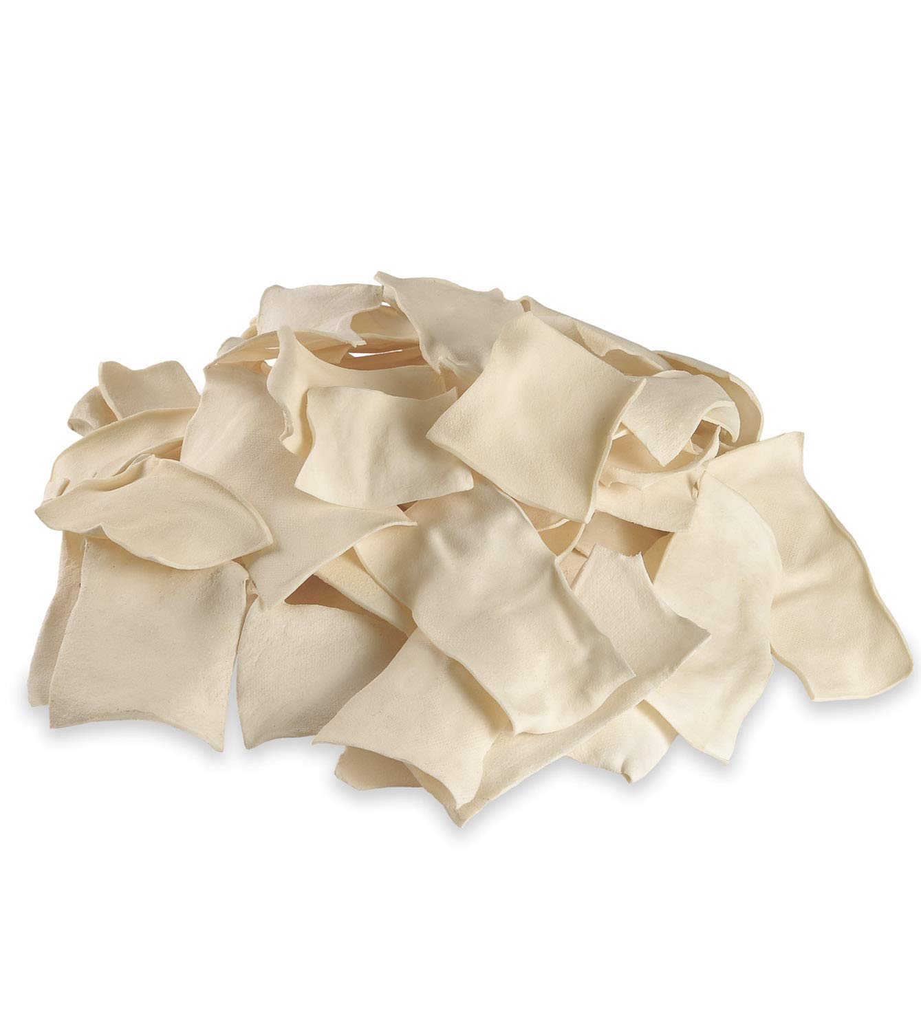 Cowdog Chews Natural Rawhide Chips thick-cut beef hides closeup shows durable chew for longer play.