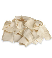 Cowdog Chews Natural Rawhide Chips thick-cut beef hides closeup shows durable chew for longer play.