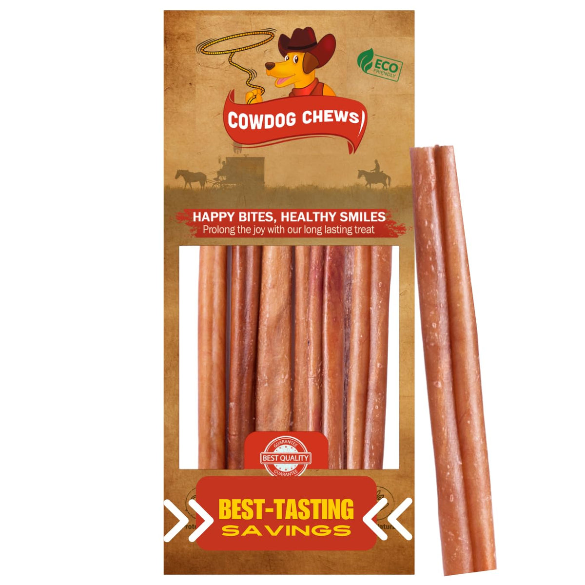 Cowdog Chews odor-free beef bully-stick pack promotes mess-free chewing.
