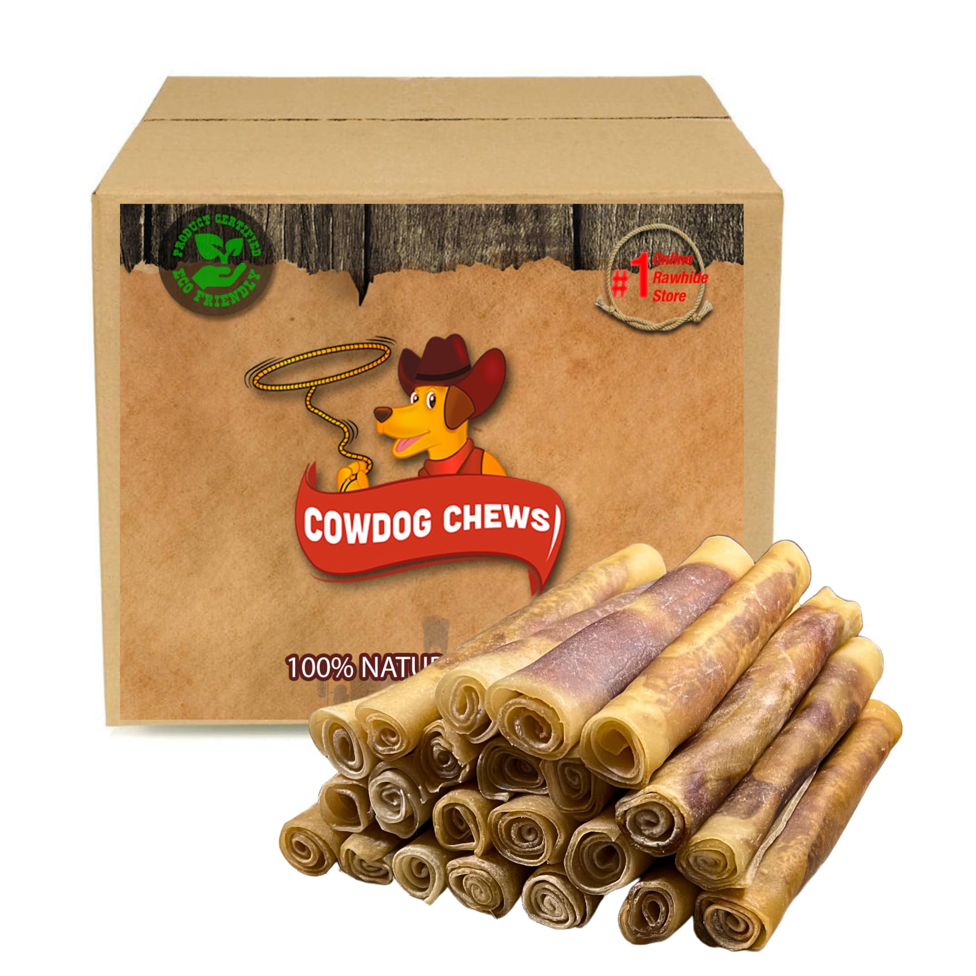 Cowdog Chews pack shot shows durable rawhide meaty rolls for long-lasting play
