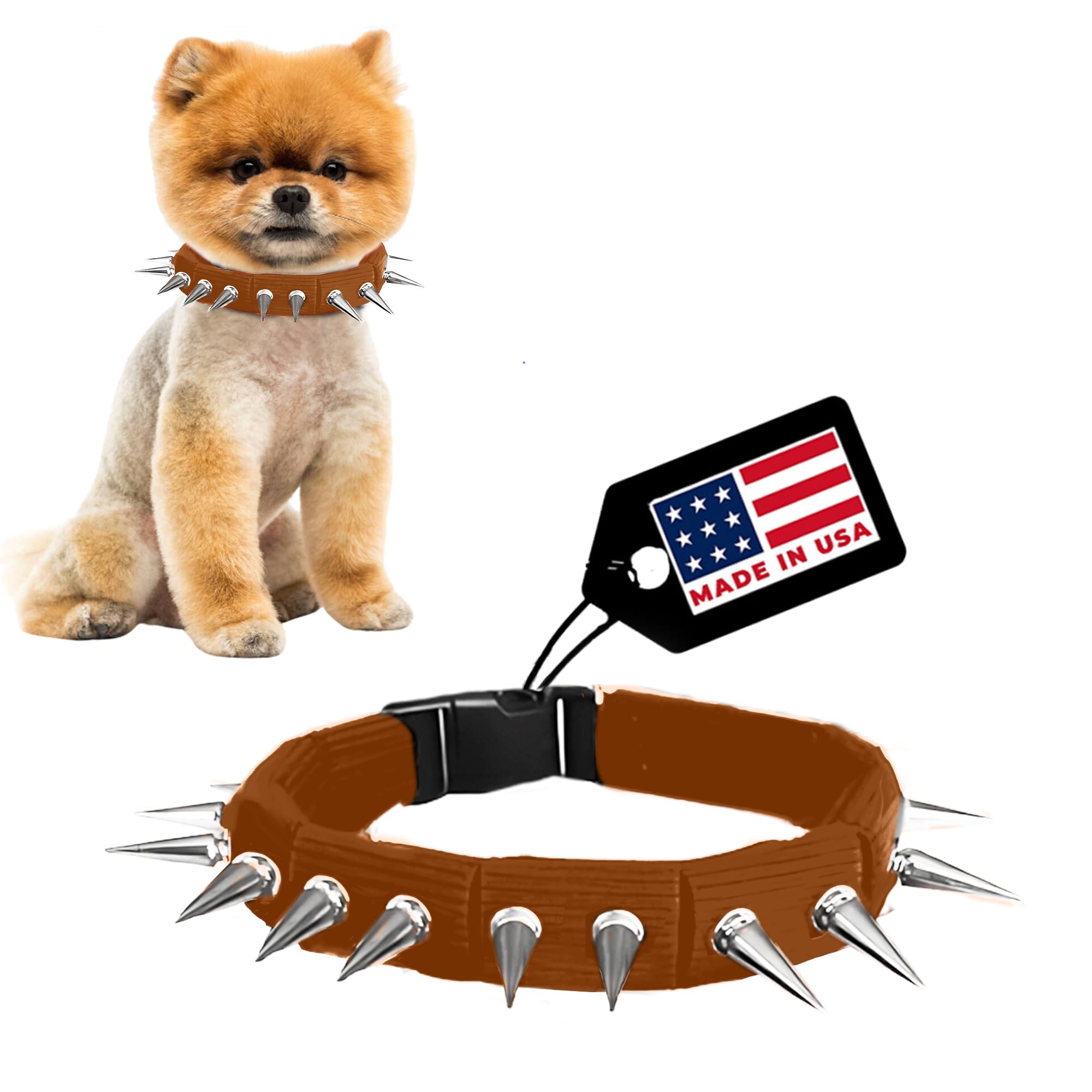 CoyoteVest CoyoteCollar spiked dog collar, brown large, front view showing protection.