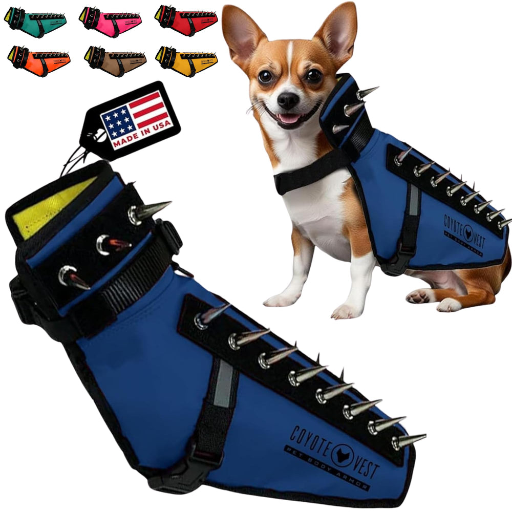 CoyoteVest dog harness front view in royal blue for safer daytime walks