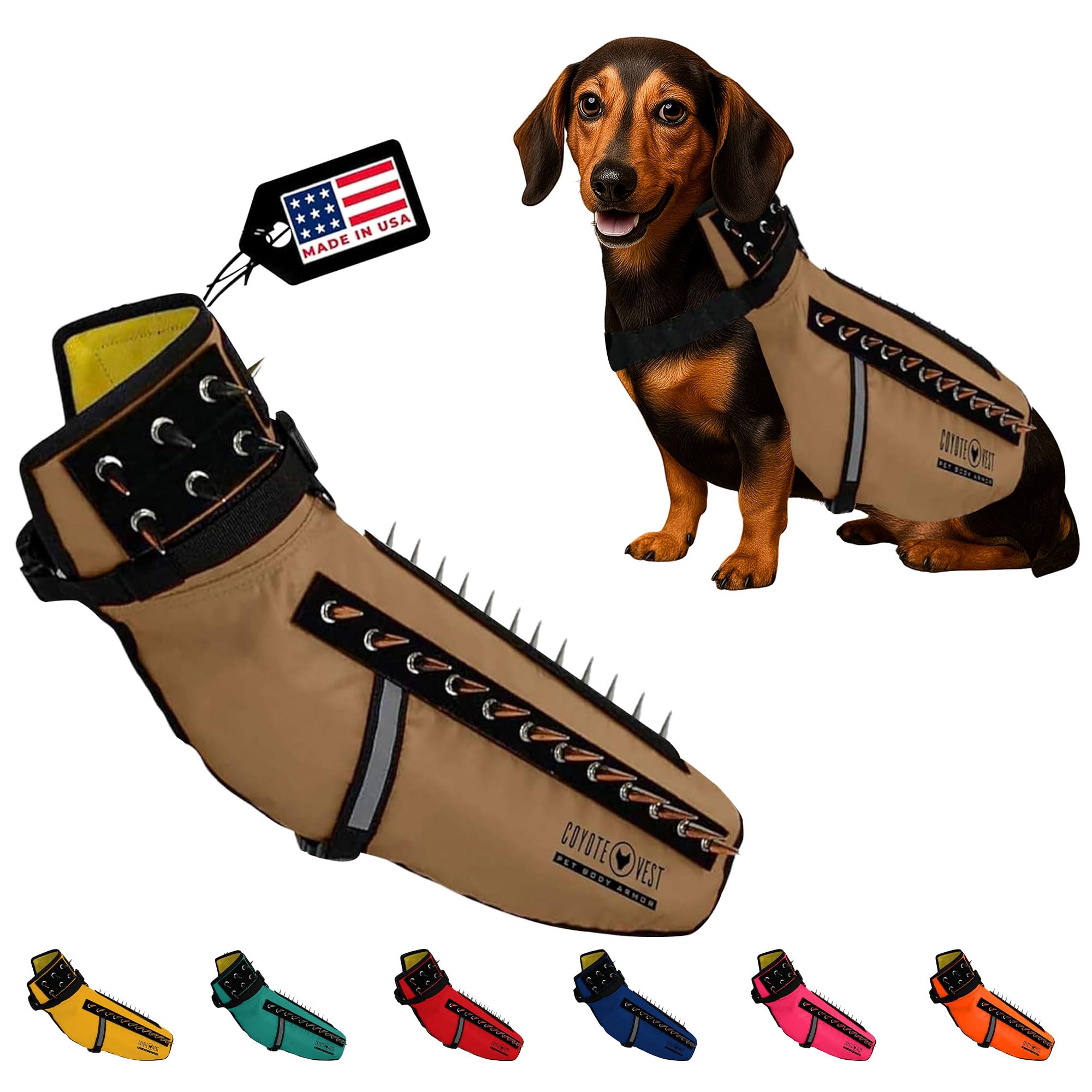 CoyoteVest dog harness protection on a small dog for safer walks against wildlife.