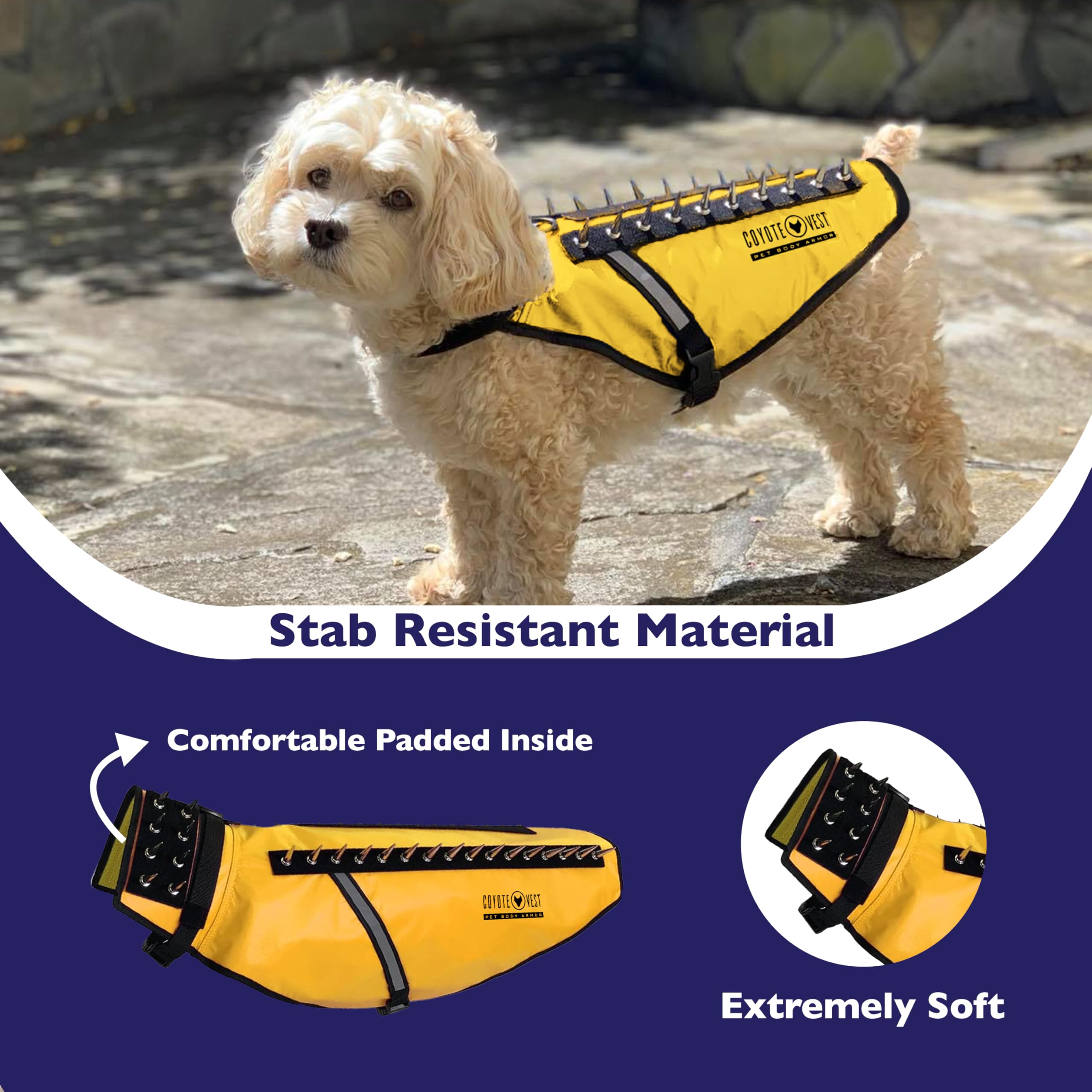 CoyoteVest dog harness side view highlights reflective safety for nighttime visibility.