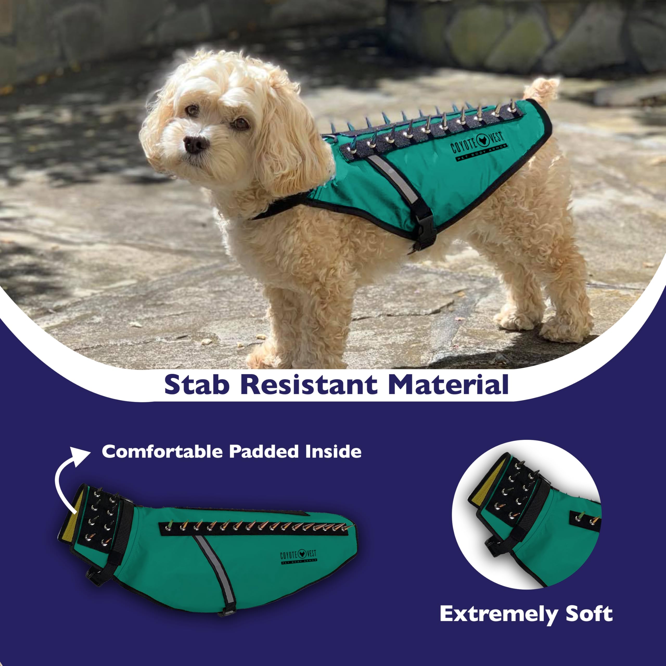 CoyoteVest dog harness side view illustrating adjustable fit for different builds.