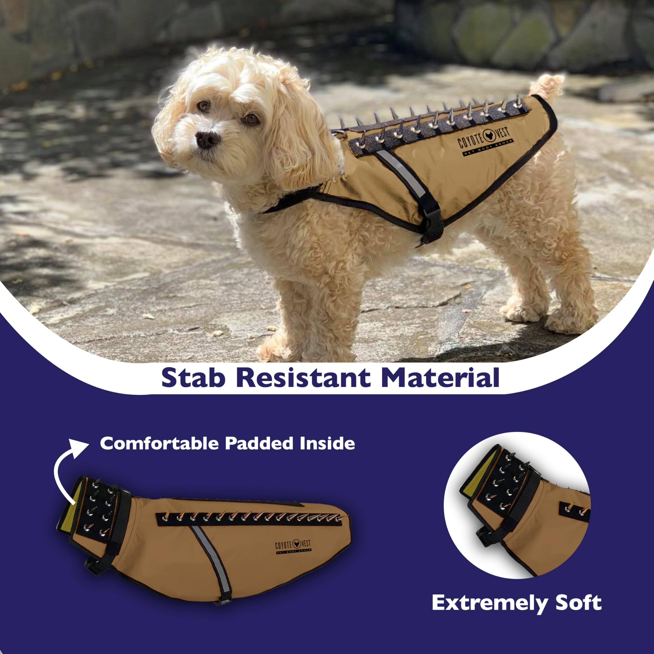 CoyoteVest removable spikes on the harness for quick defense without harming the pet.
