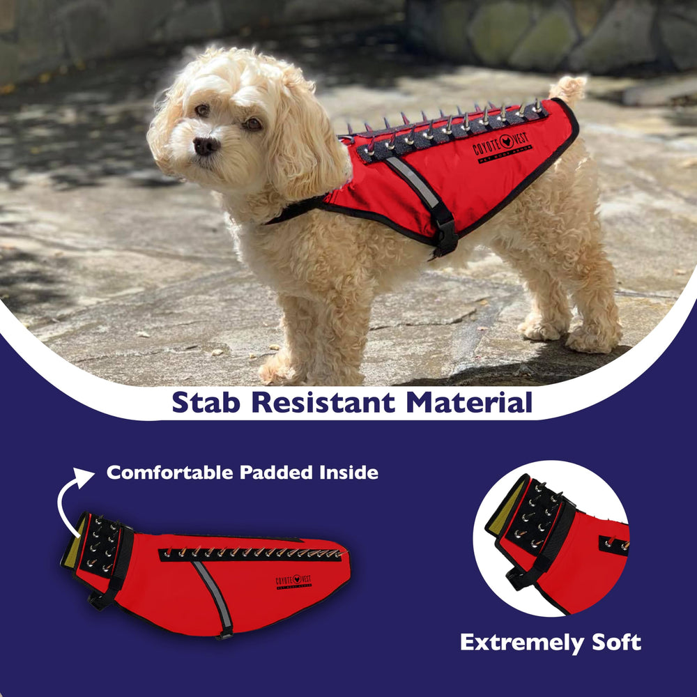 CoyoteVest small red harness back view highlighting spike strips and high-visibility design.