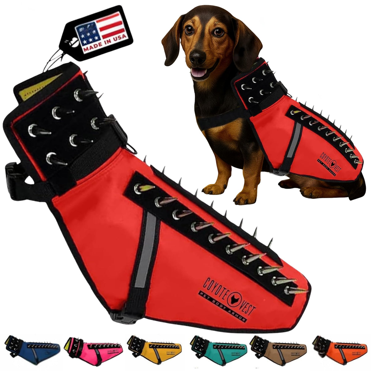 CoyoteVest small red harness front view showing protective spikes for safe outdoor walks.