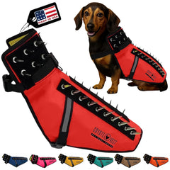 CoyoteVest small red harness front view showing protective spikes for safe outdoor walks.