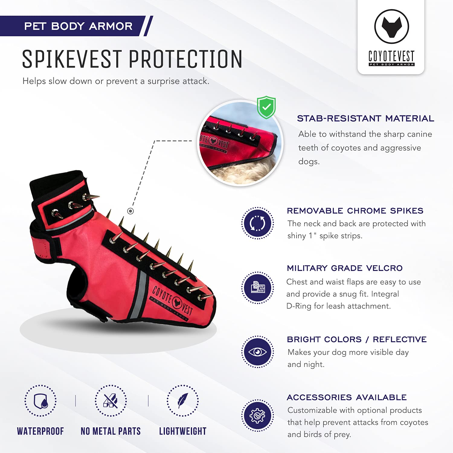 CoyoteVest SpikeVest D-ring leash attachment for secure daily walks.