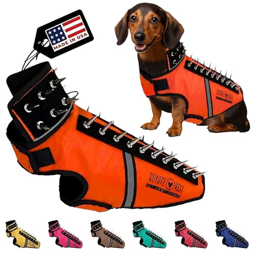 CoyoteVest SpikeVest dog harness front view with reflective spikes for visibility.