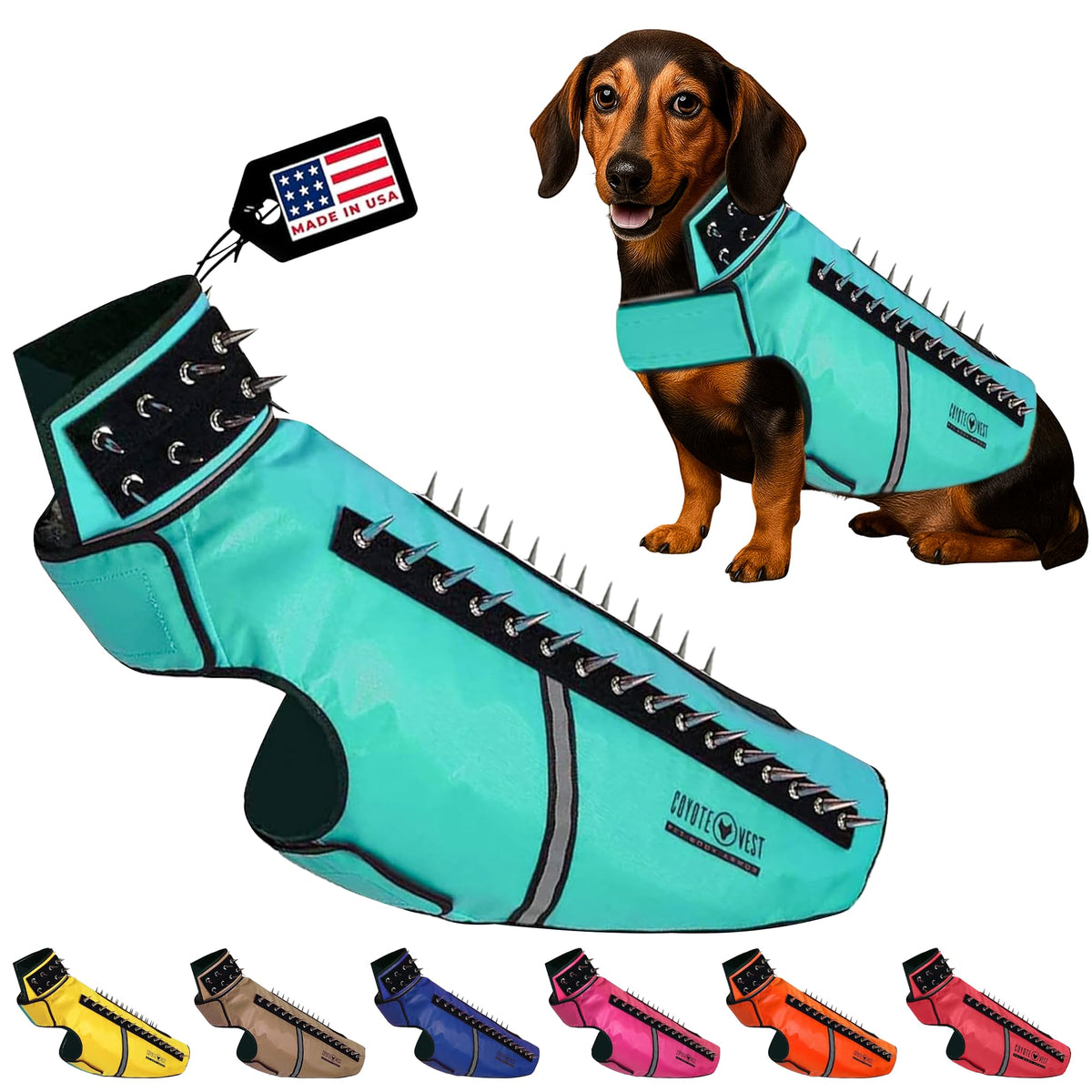 CoyoteVest SpikeVest front view for small dogs with turquoise protection and visibility