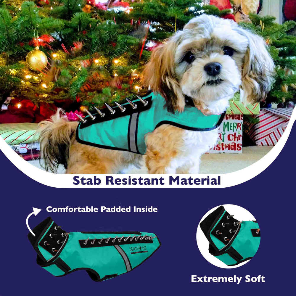 CoyoteVest SpikeVest neck spikes detail enhances neck protection during outdoor walks.