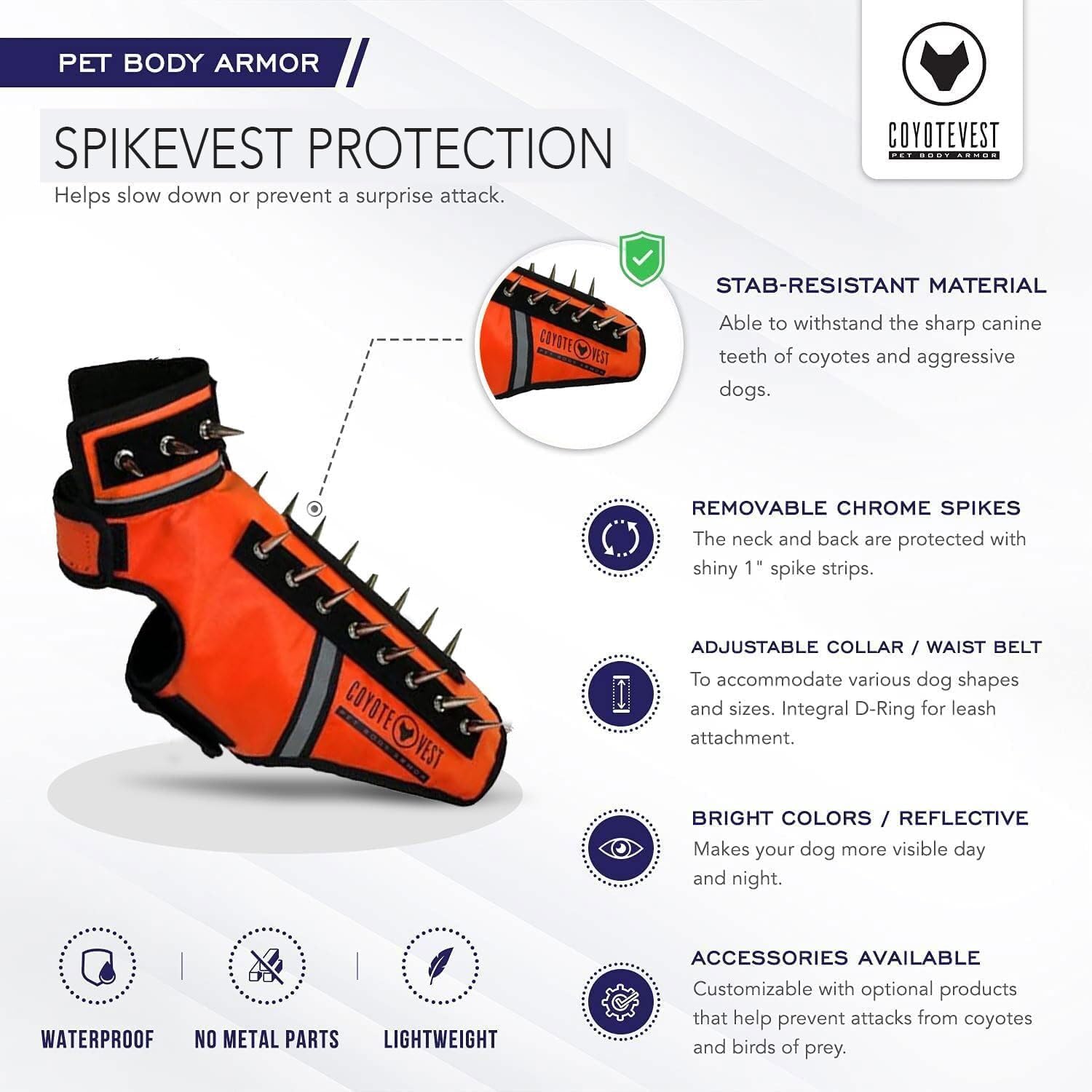 CoyoteVest SpikeVest reflective trim shows night visibility for safer evening walks
