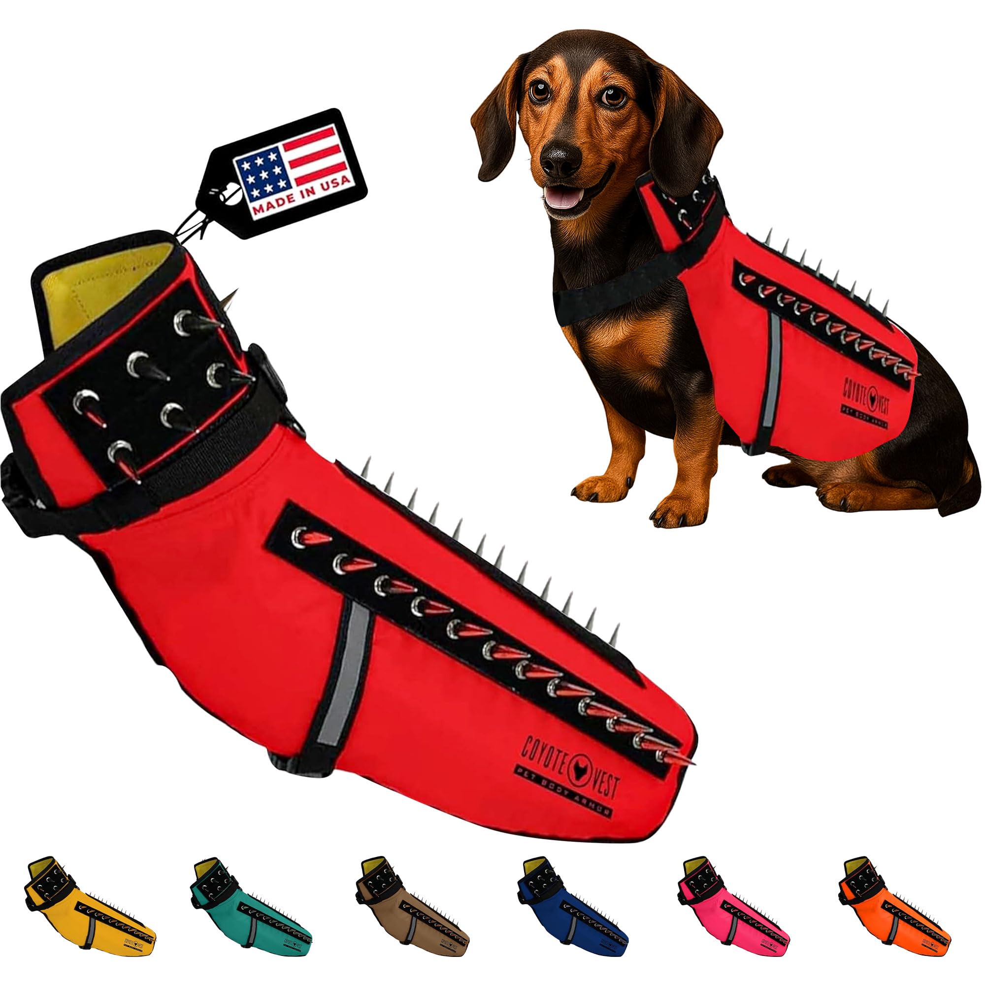 CoyoteVest dog harness front view shows red visibility for safer daytime walks.