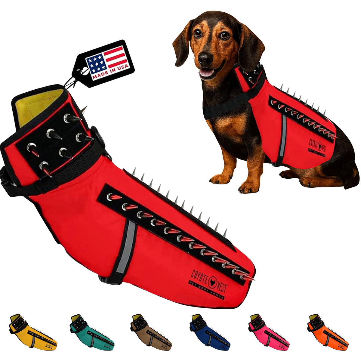 CoyoteVest dog harness front view shows red visibility for safer daytime walks.