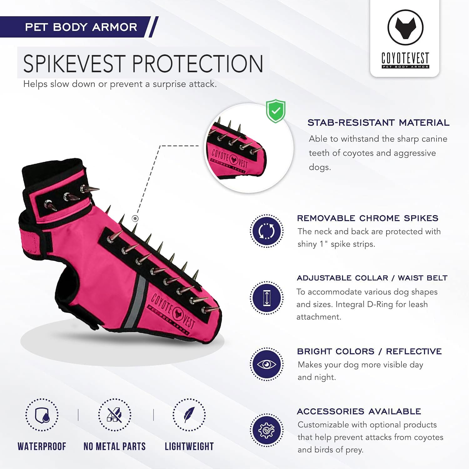 CoyoteVest SpikeVest pink adjustable collar and waist belt for snug fit.