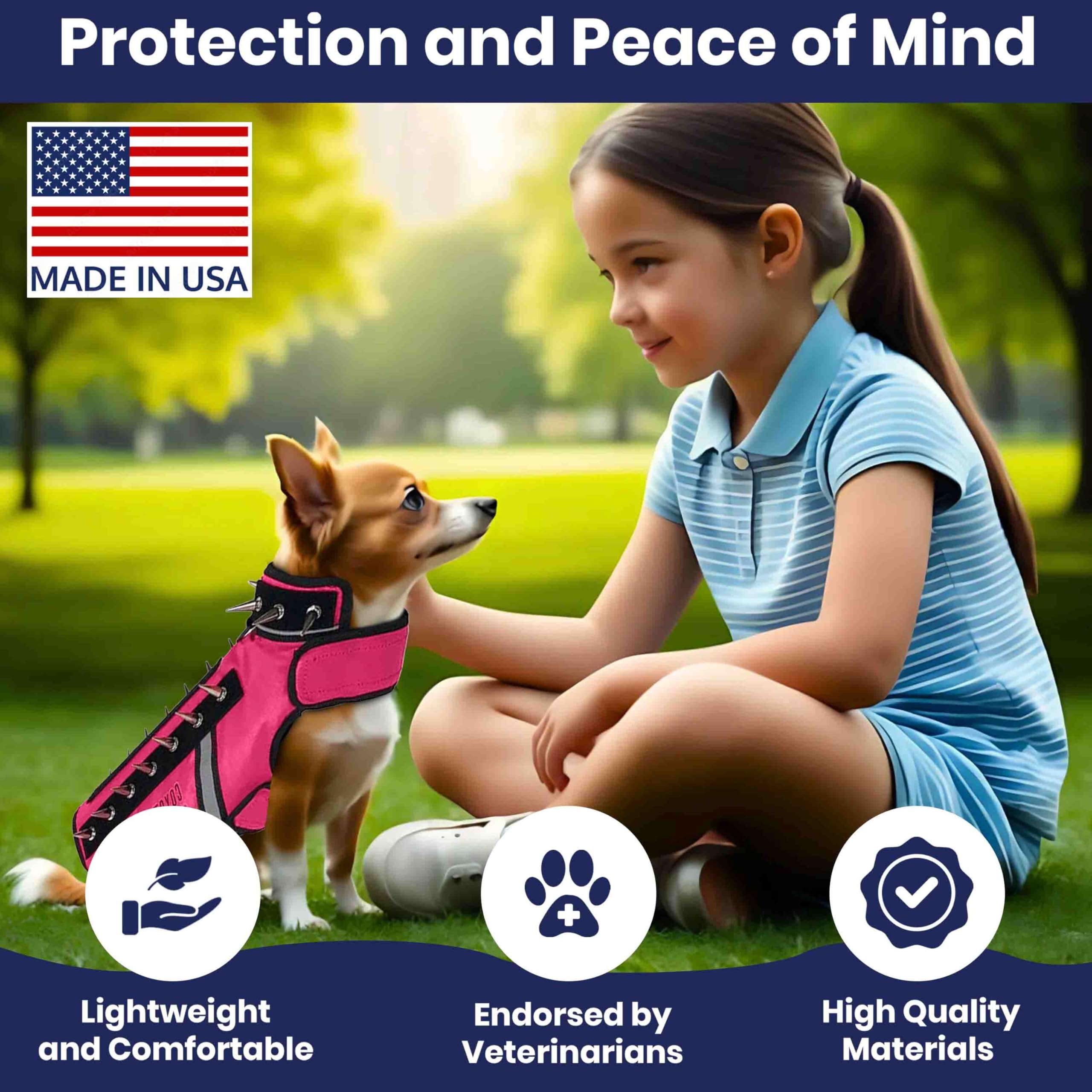 CoyoteVest SpikeVest pink D-ring leash attachment for quick control.