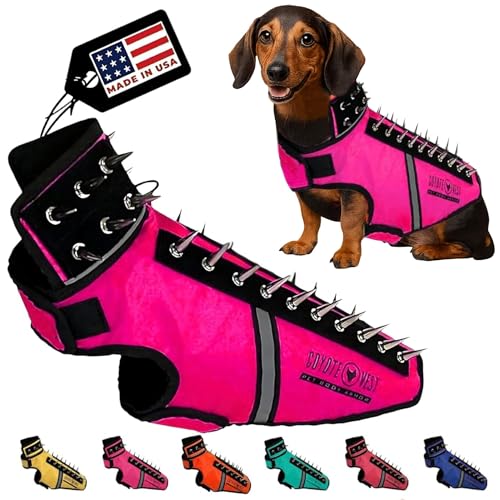 CoyoteVest SpikeVest pink dog harness front view with spikes for protection.