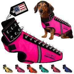 CoyoteVest SpikeVest pink dog harness front view with spikes for protection.