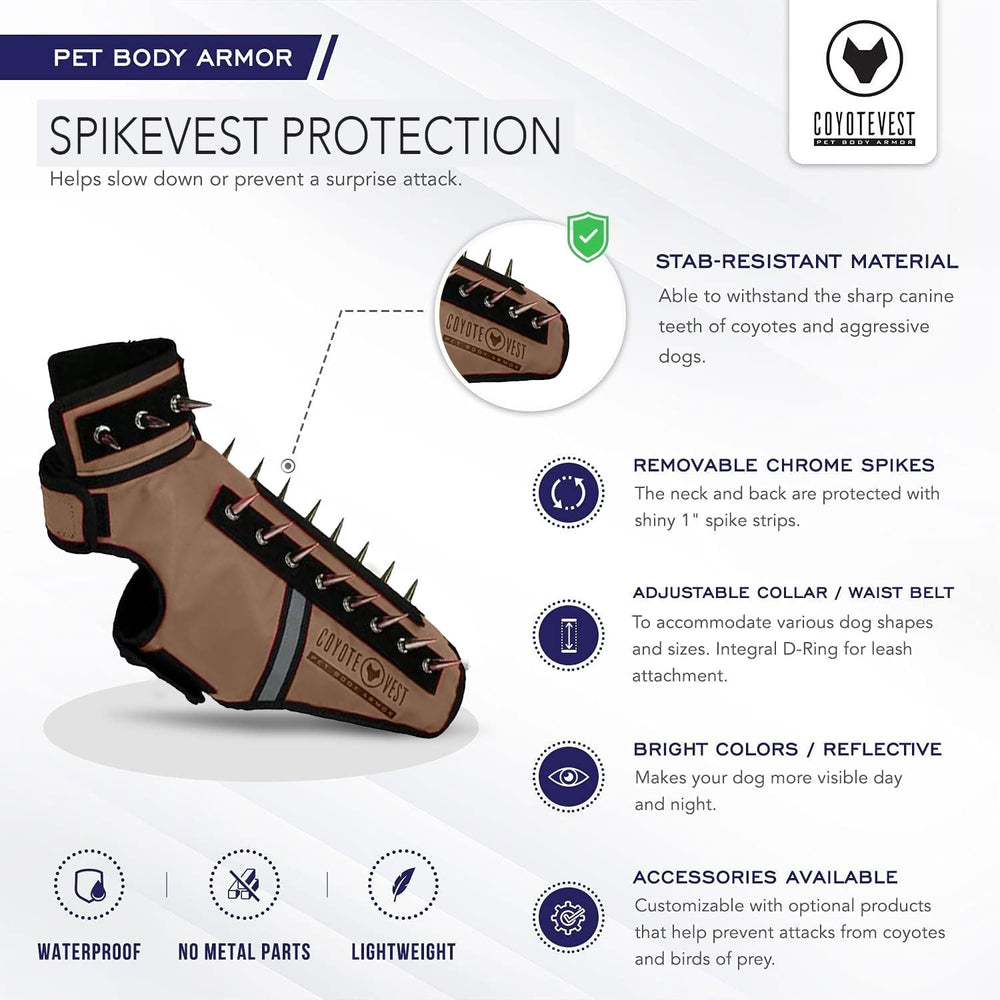 CoyoteVest SpikeVest water-resistant fabric resists rain and splashes.