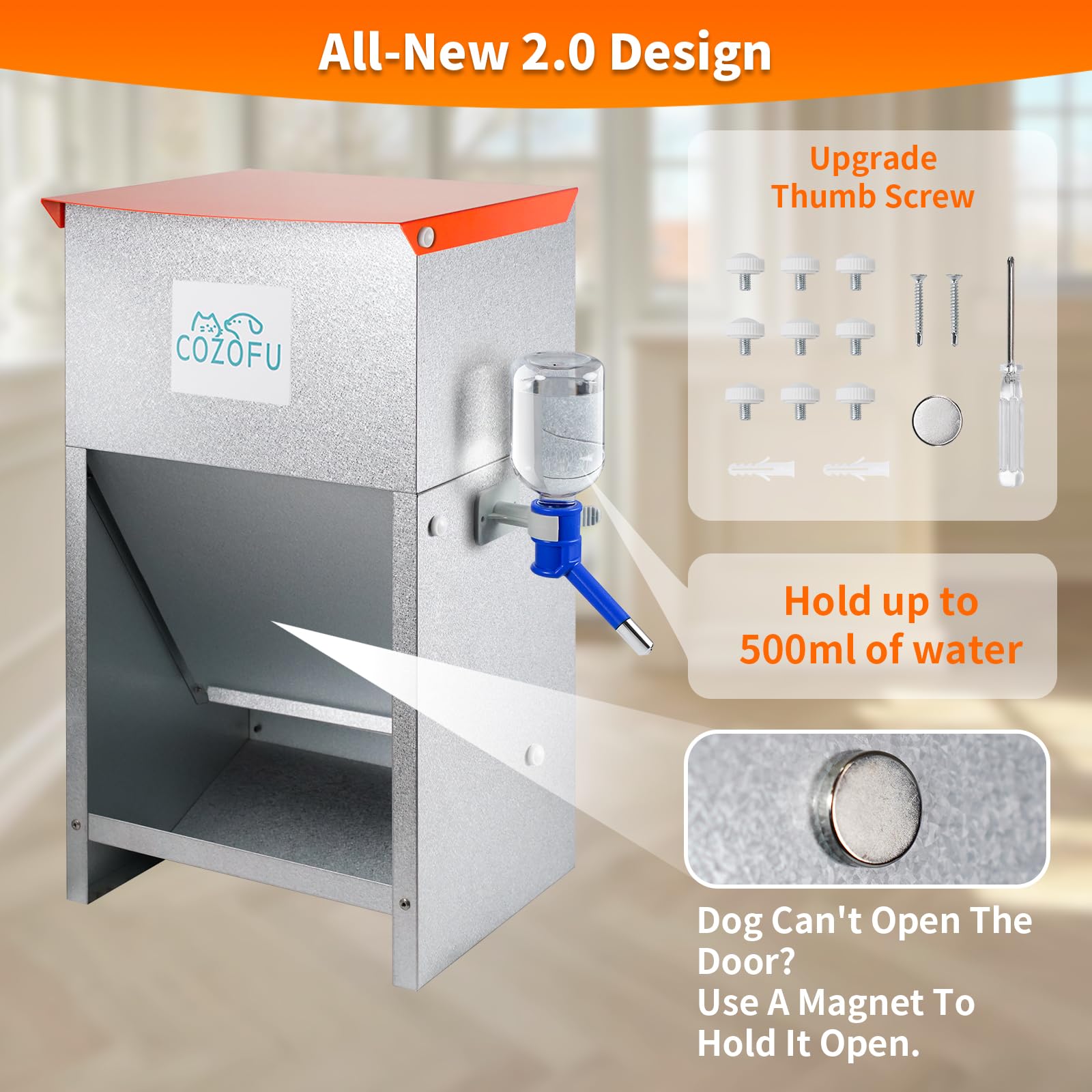 COZOFU feeder magnet door shows secure, hands-free access.