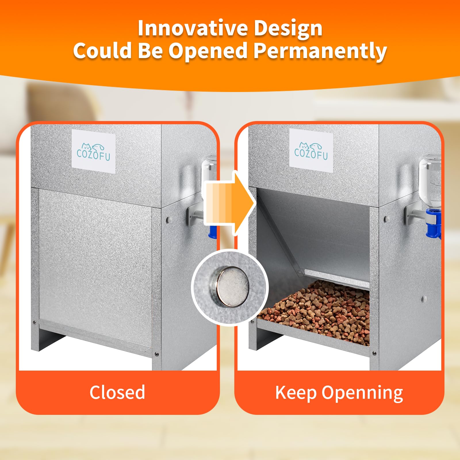 COZOFU indoor/outdoor pet station withstands weather with overhang.