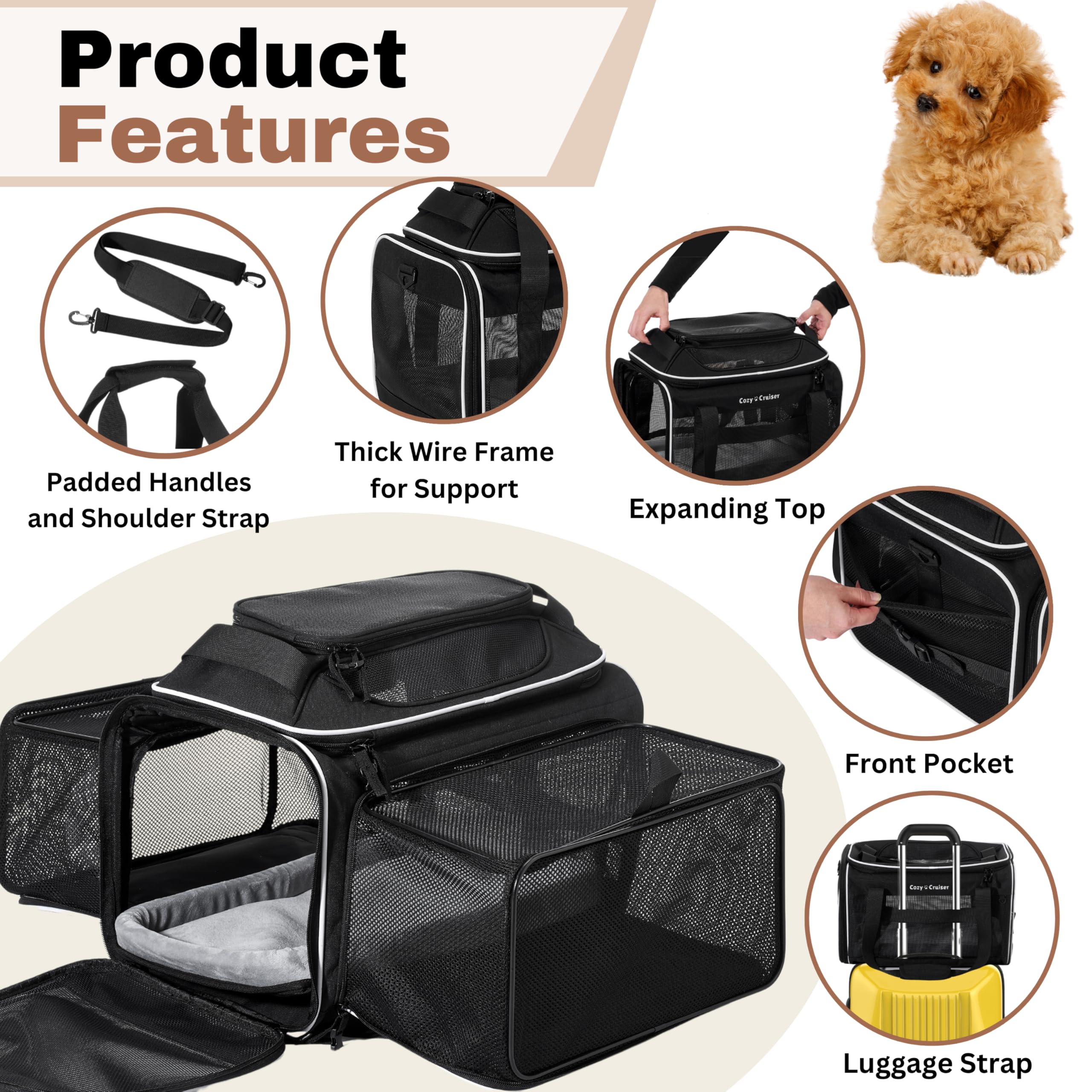 Cozy Cruiser under-seat compatibility image shows airline-friendly dimensions for cabin travel.