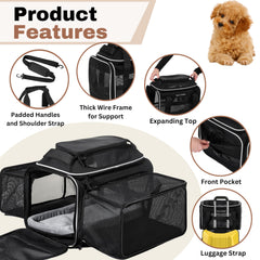Cozy Cruiser under-seat compatibility image shows airline-friendly dimensions for cabin travel.