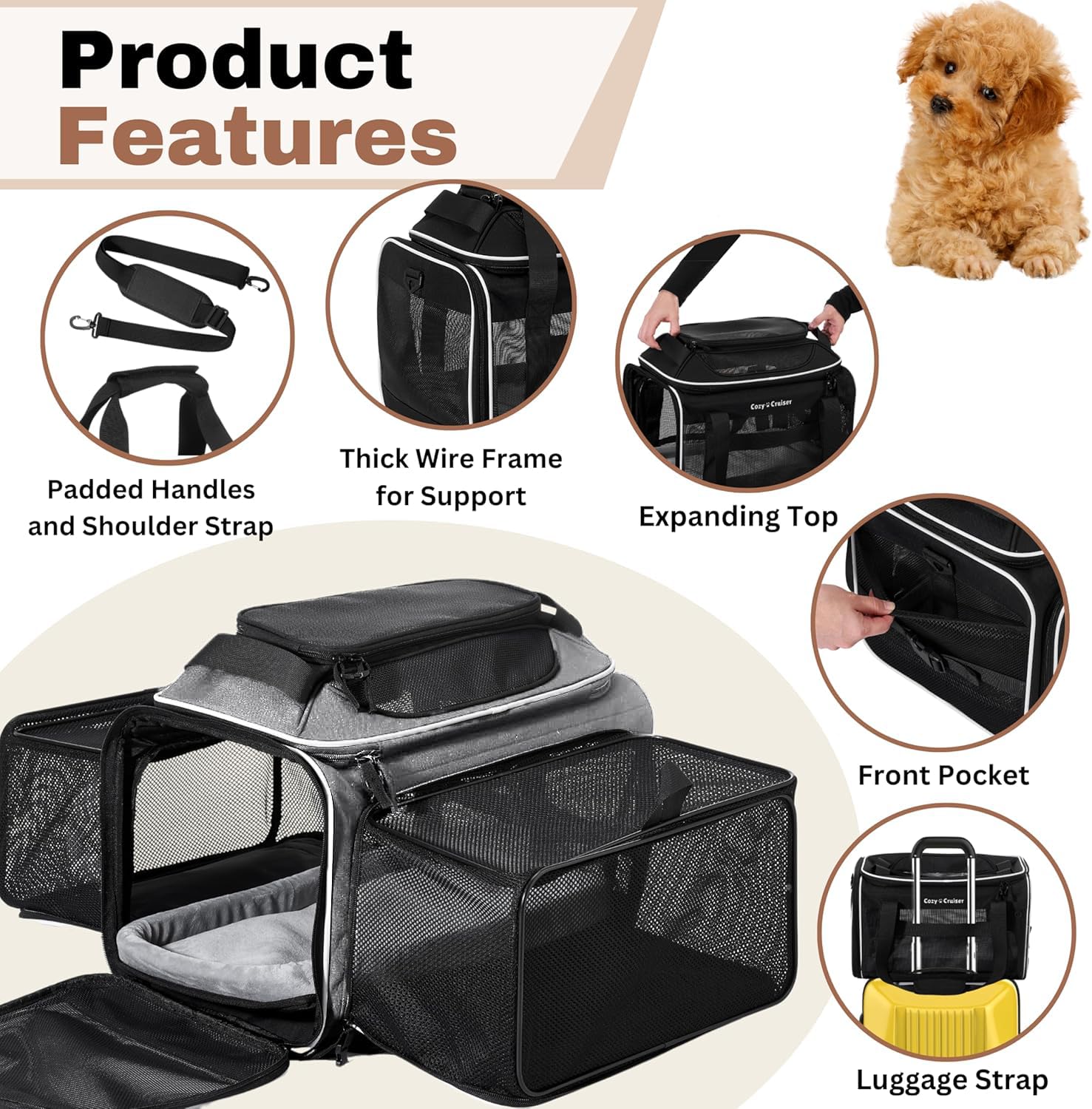 Cozy Cruiser pet carrier with mesh panels for airflow and pet comfort