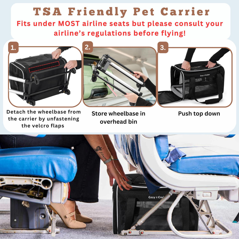 Cozy Cruiser under-seat-fit design fits neatly under airplane seats for travel convenience.