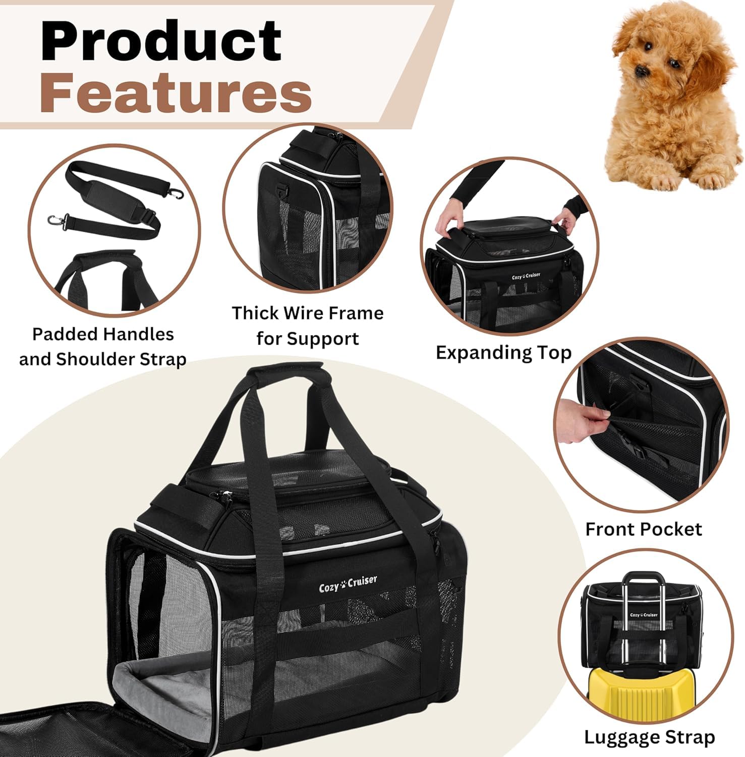 Cozy Cruiser under-seat-ready design showcases airline compatibility and compact storage.