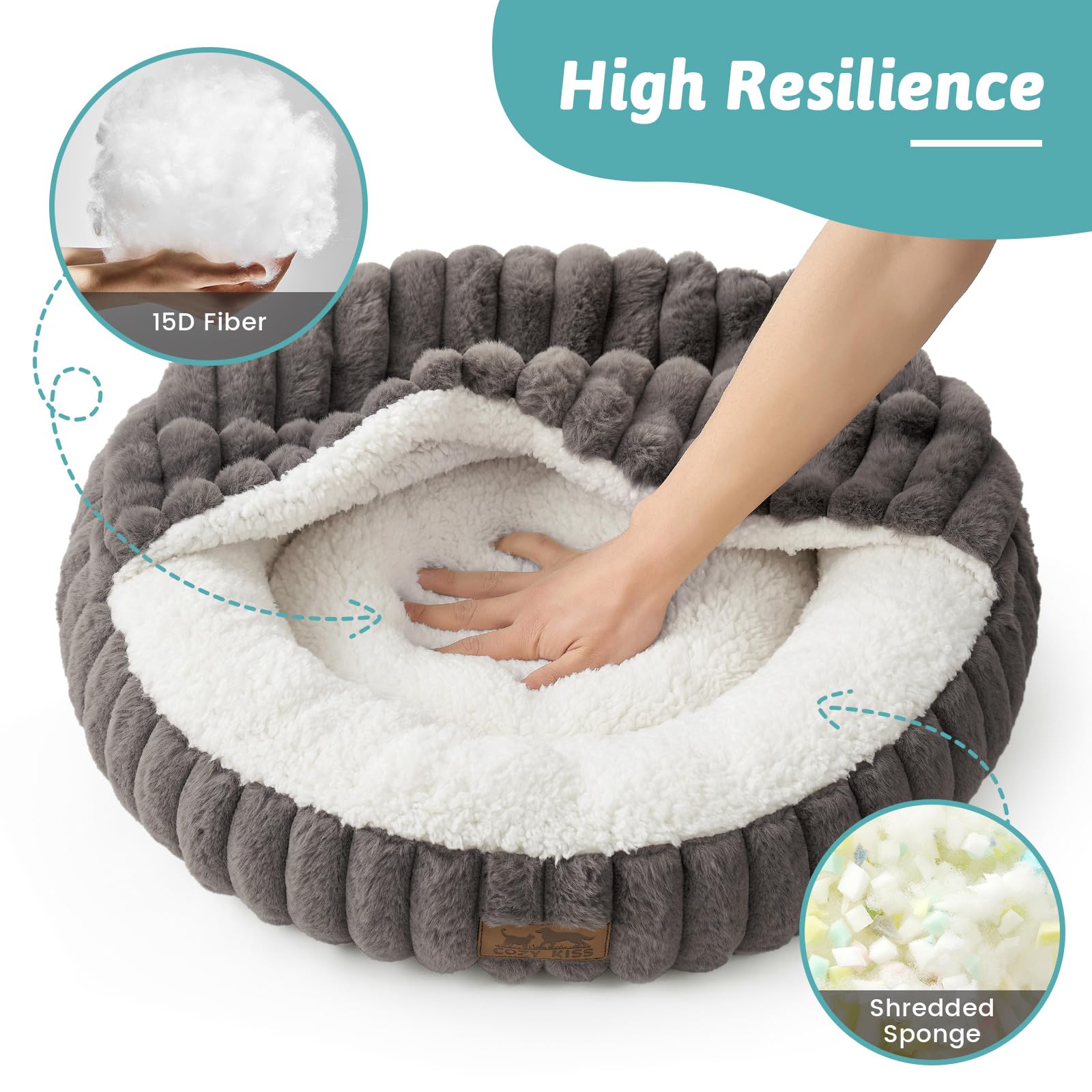 COZY KISS cat bed hooded blanket bounce-back 15D fiber maintains plush shape after use.