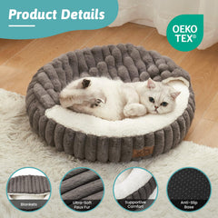 COZY KISS cat bed hooded blanket fluffy faux fur texture emphasizes cloud-like softness.