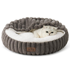 COZY KISS cat bed with hooded blanket Grey round donut cave for secure naps