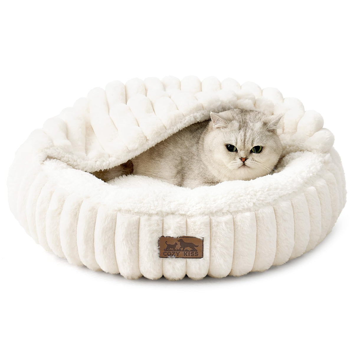 COZY KISS cat bed hooded cave offers secure den for curled sleepers.