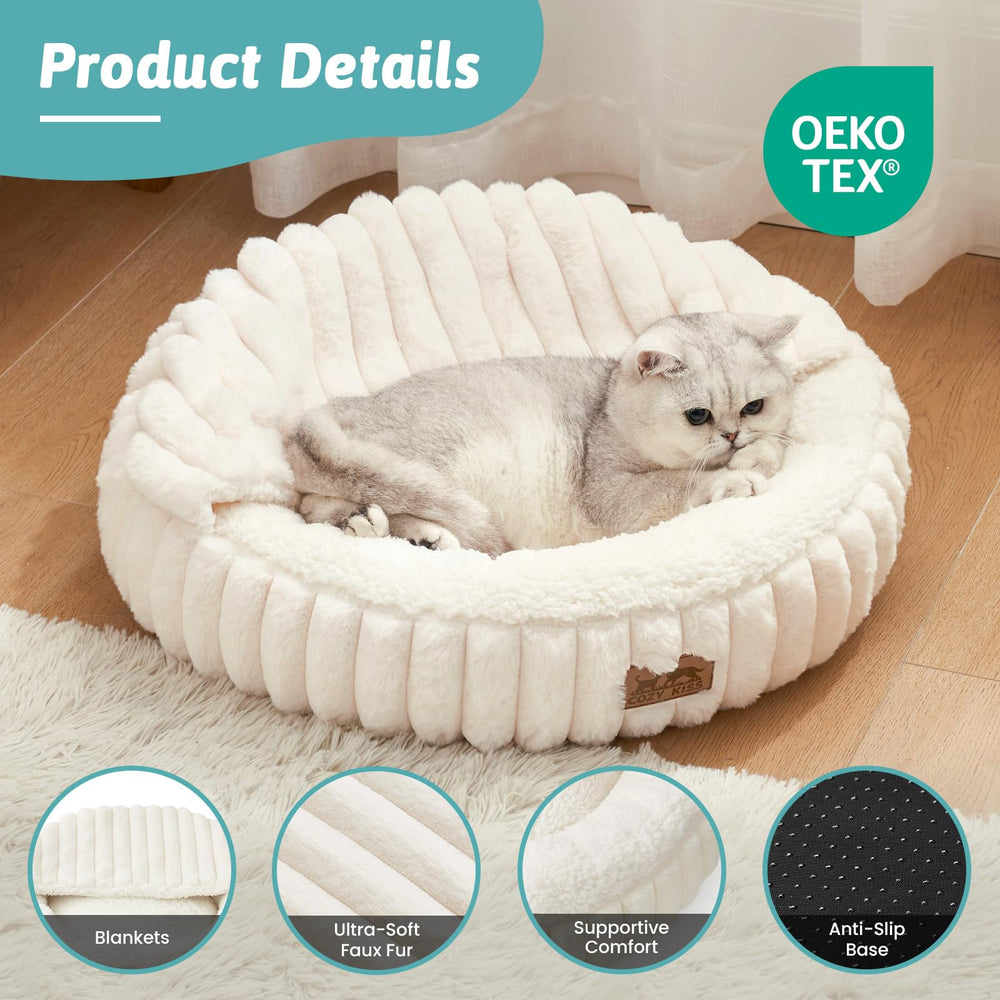 COZY KISS cat bed machine washable faux fur for easy cleaning.