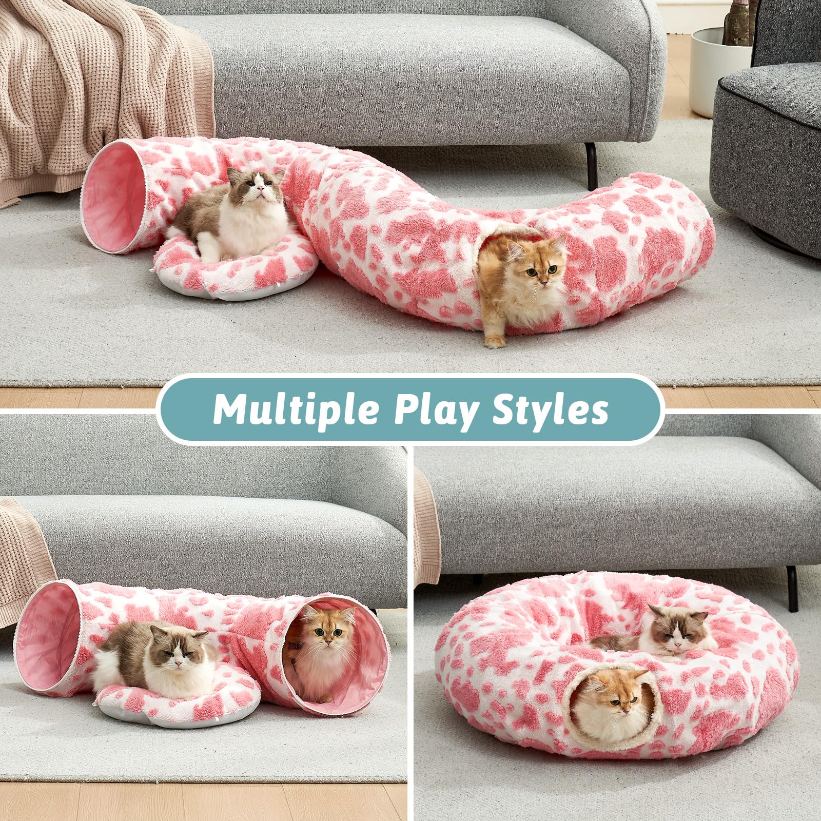 COZY KISS Cat Tunnel Bed circle shape provides flexible play and a cozy lounging option.