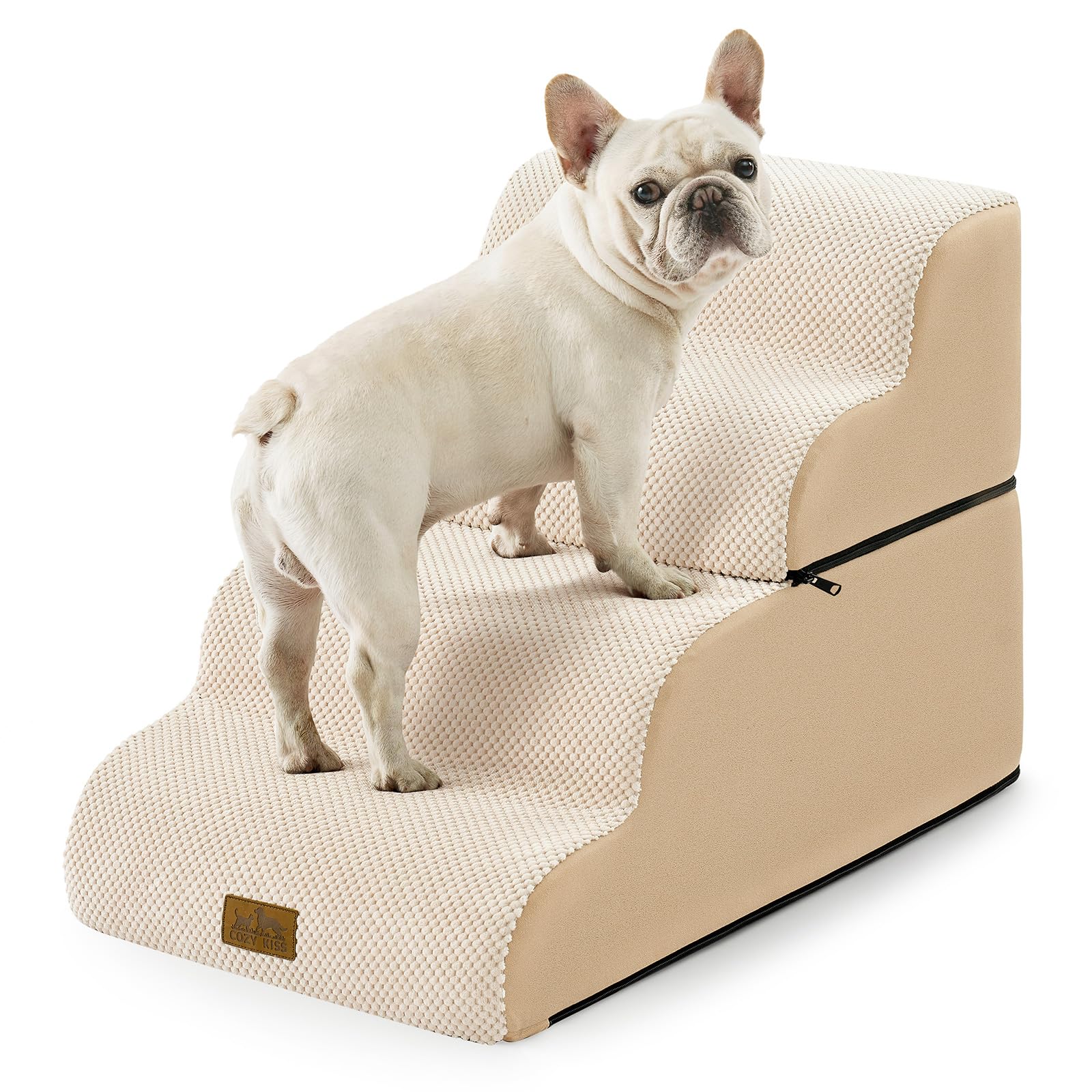COZY KISS curved dog stairs in beige, four steps for easy bed access