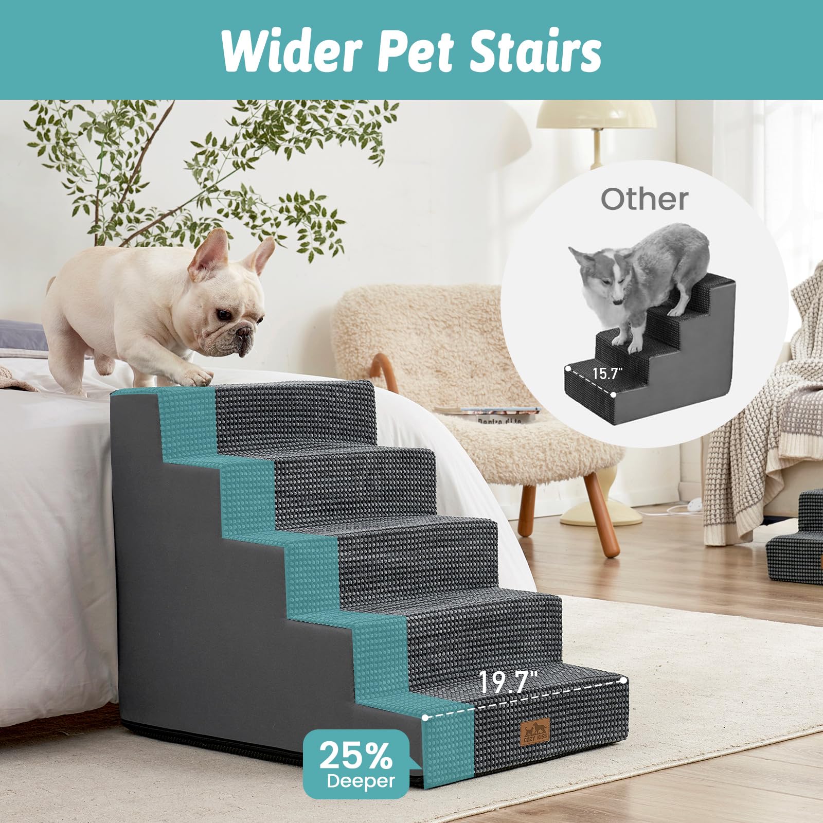 COZY KISS dog stairs with 5 tiers for easy bed access