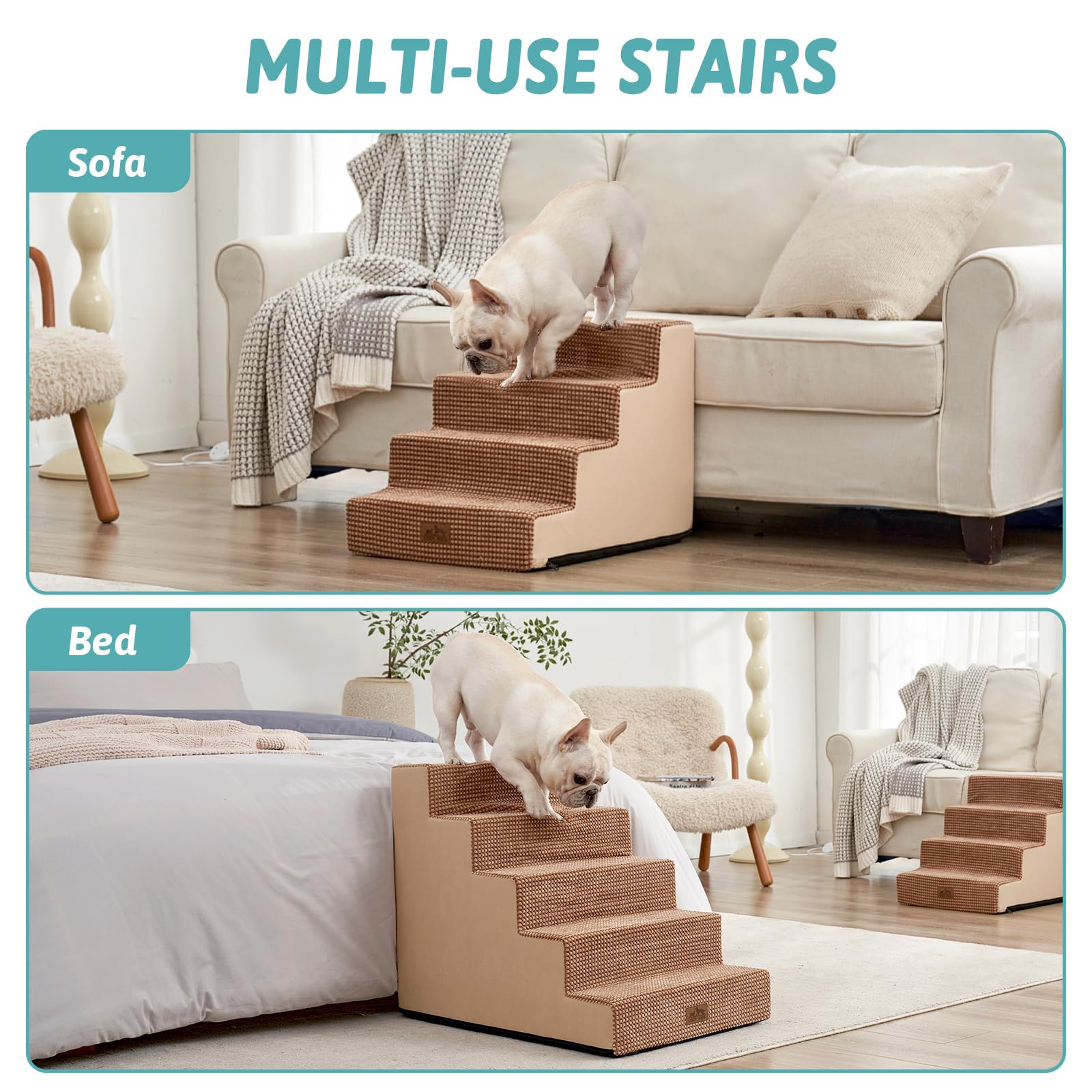 COZY KISS dog stairs after-unboxing image illustrates quick expansion and setup.