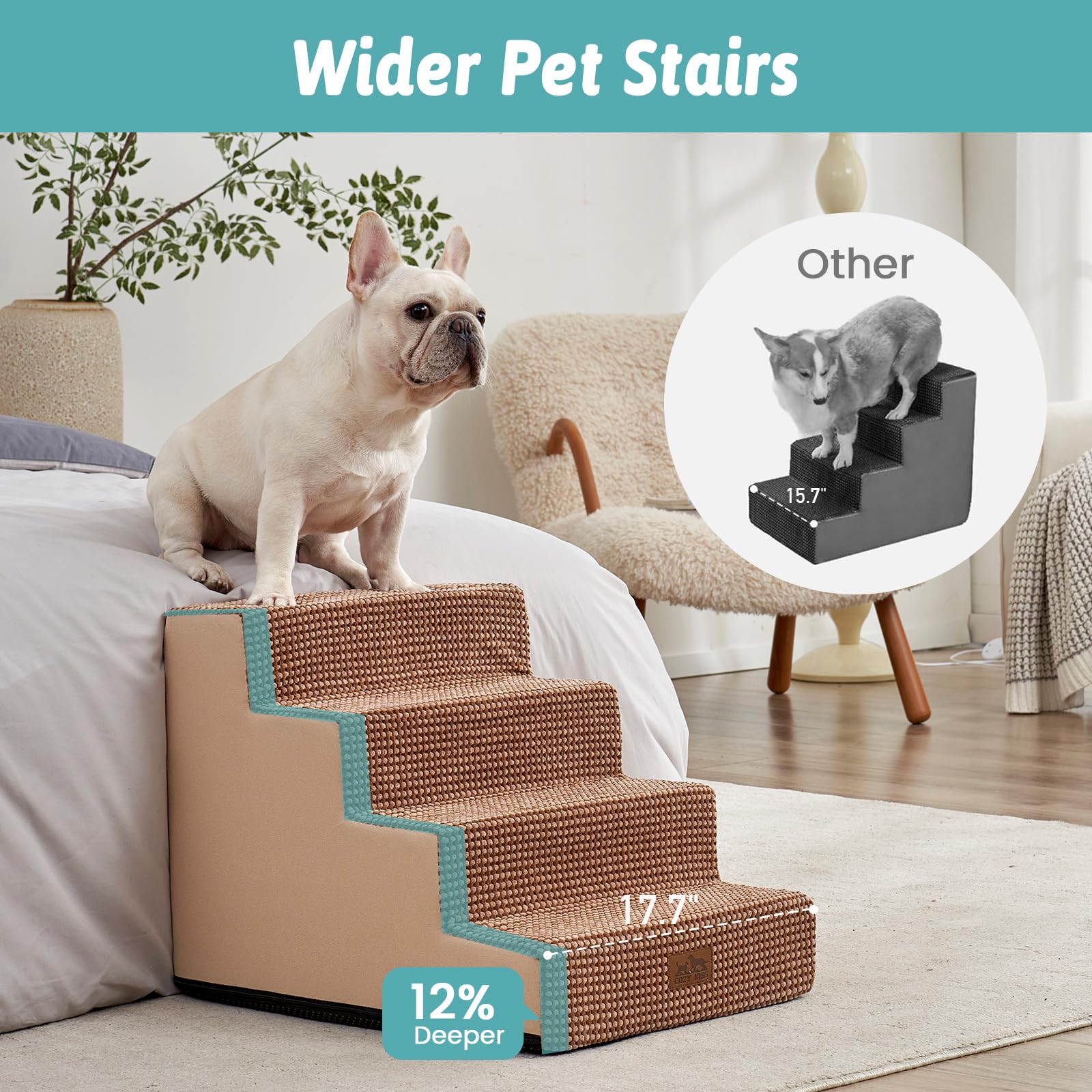 COZY KISS dog stairs anti-slip base ensures secure, stable use.