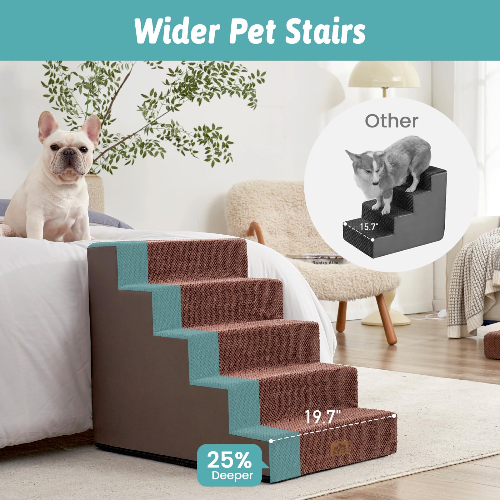 COZY KISS dog stairs anti-slip base provides stable footing on furniture.