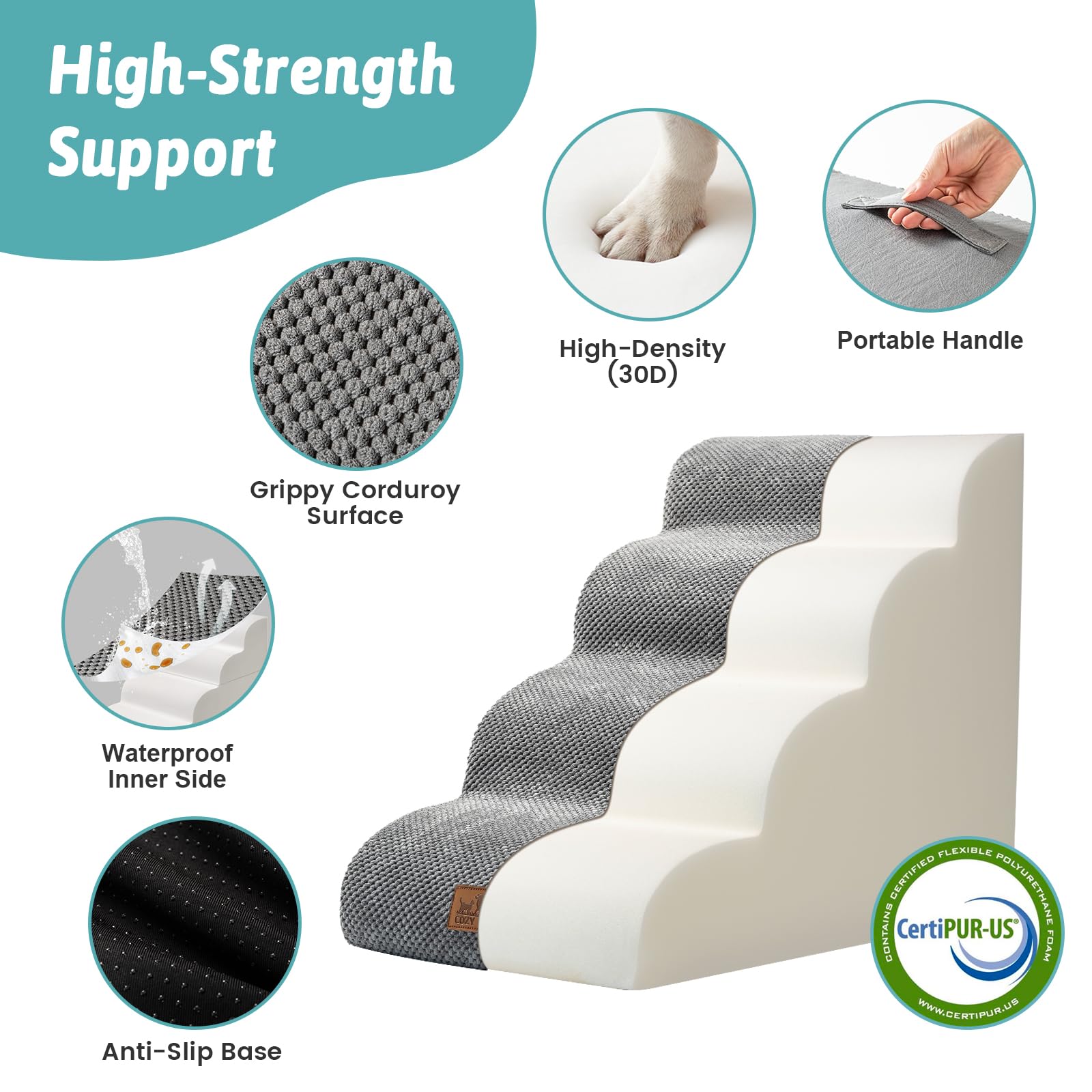 COZY KISS Dog Stairs four-step setup on a sofa for quick access.