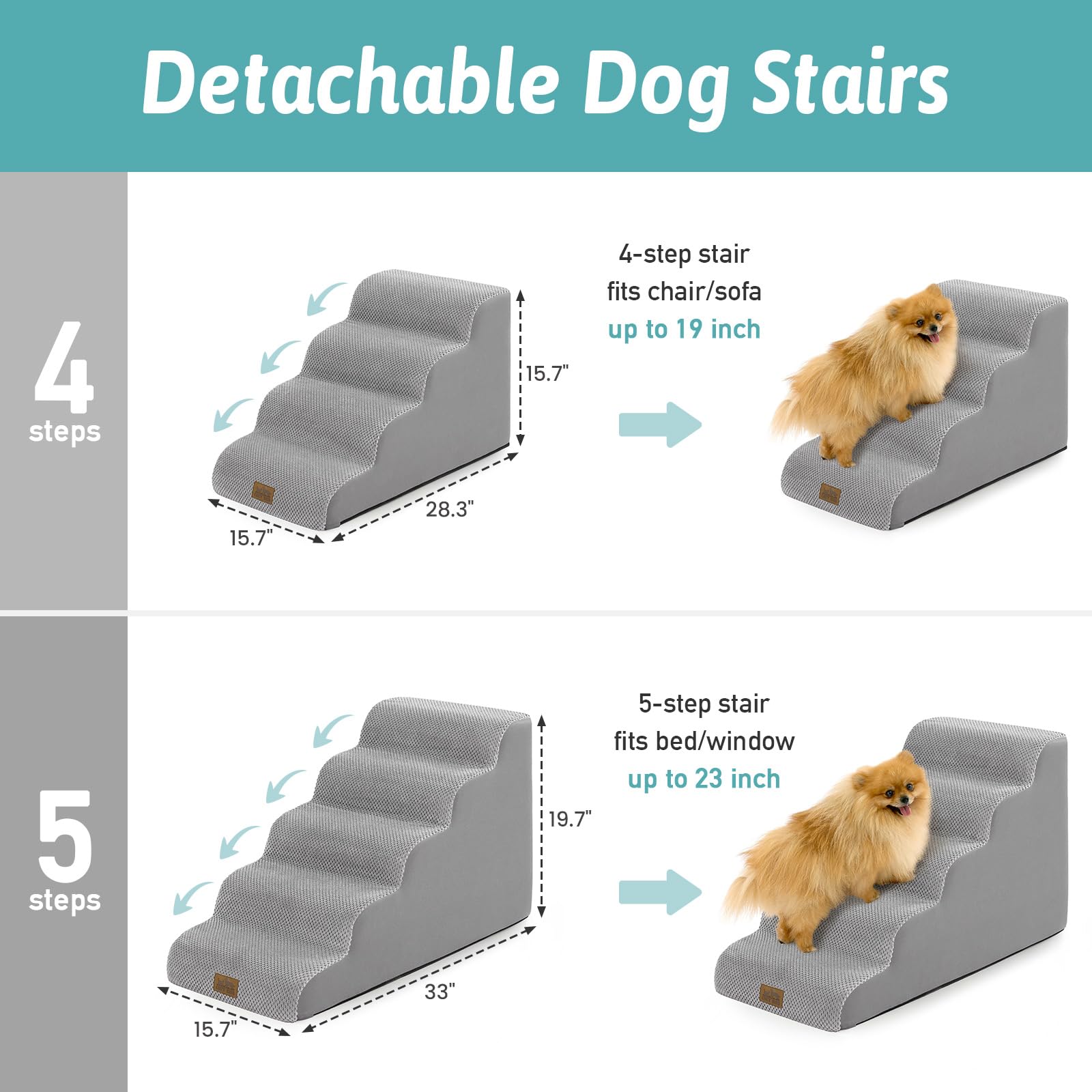 COZY KISS dog stairs shown beside a bed for easy nightly access and safe climbing.