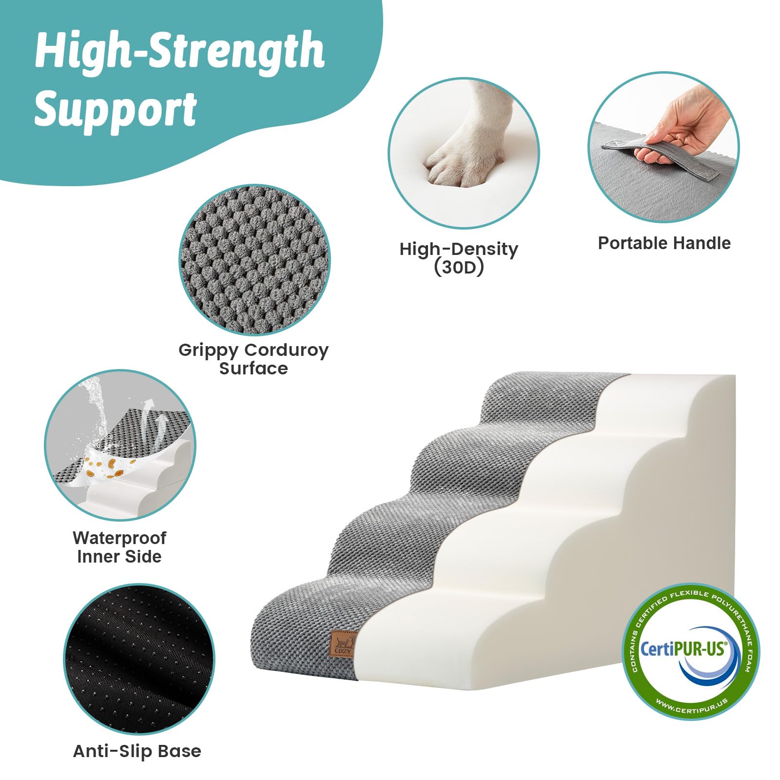 COZY KISS foam core with corduroy cover provides cushioned, stable steps.