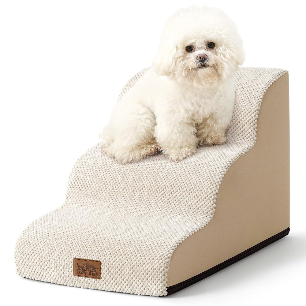 COZY KISS dog stairs curved 3-step beige design helps small pets reach couches safely