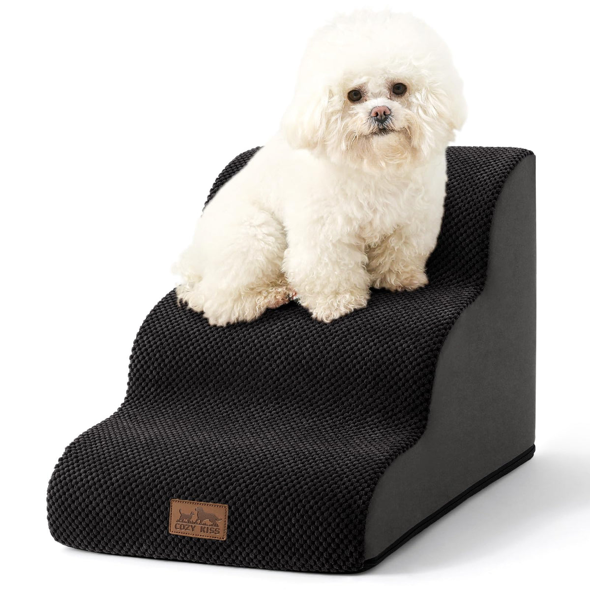 COZY KISS curved-3-step dog stairs provide stable support for small dogs.