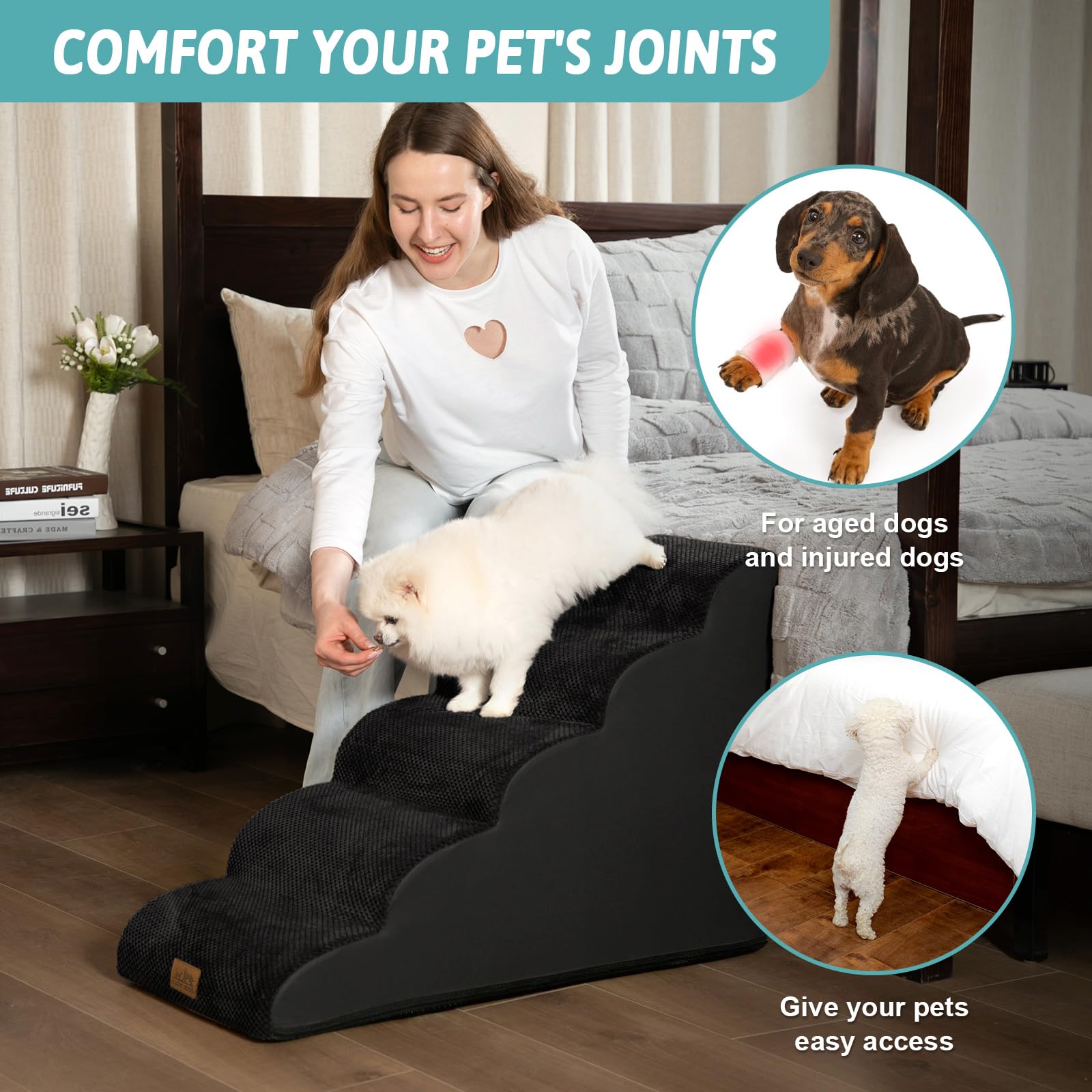 COZY KISS dog stairs curved-design ramp aids easier stepping for puppies.