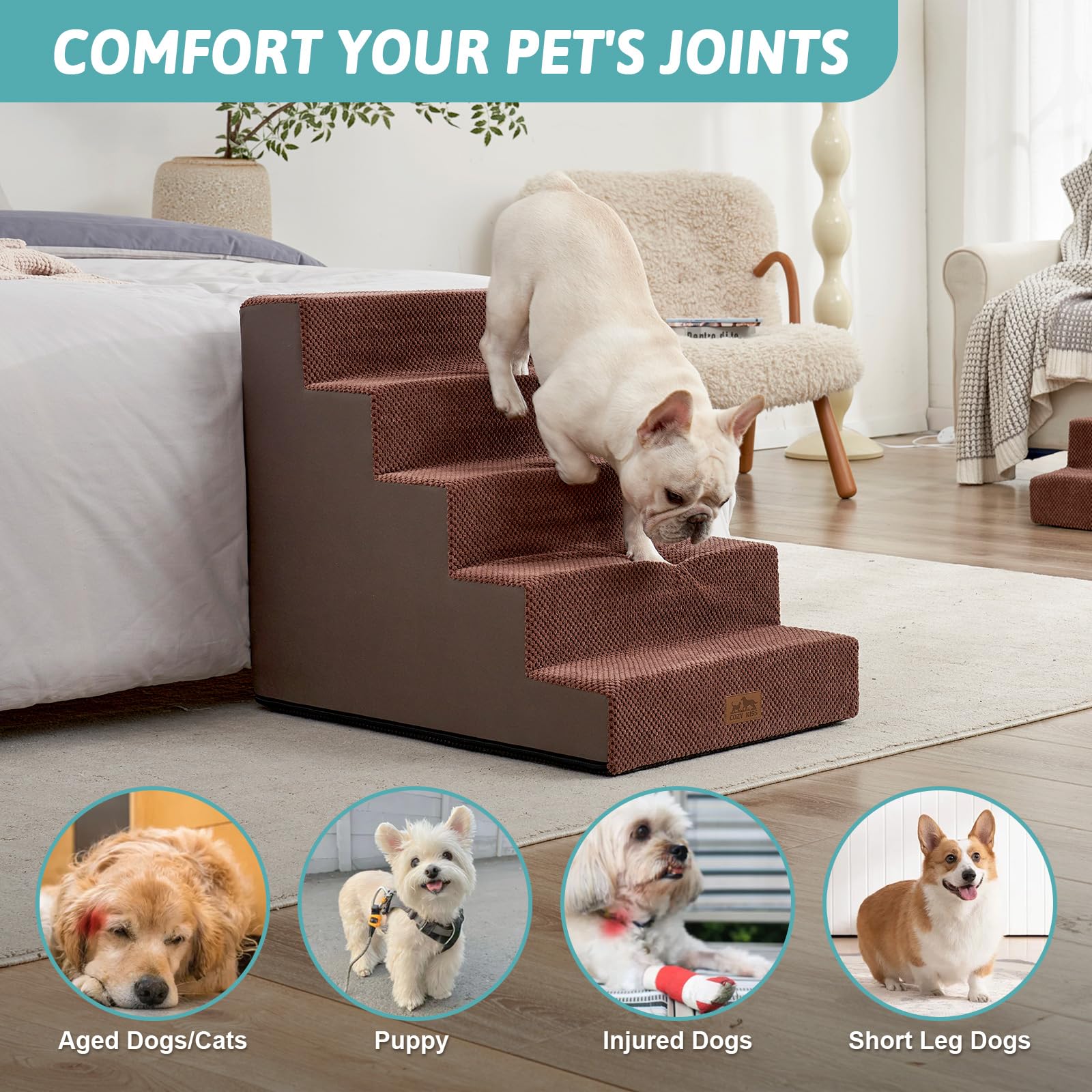 COZY KISS dog stairs five-steps top view supports easy bed access.